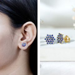 Flower Inspired Lab Grown Blue Sapphire Cluster Stud Earrings