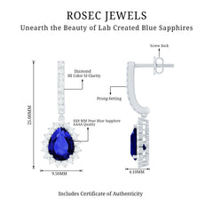 Pear Shaped Lab Grown Blue Sapphire and Diamond Hoop Drop Earrings
