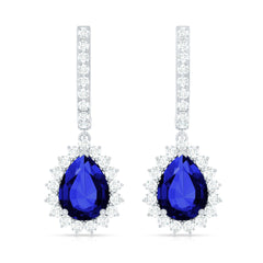 Pear Shaped Lab Grown Blue Sapphire and Diamond Hoop Drop Earrings