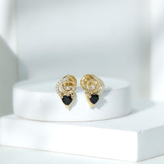 Heart Shape Black Onyx Cat Stud Earrings