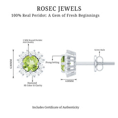 Natural 1 Carat Peridot Stud Earrings with Diamond Halo