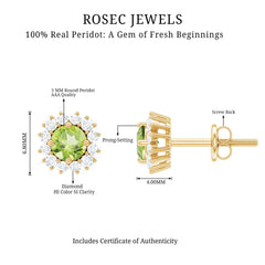 Natural 1 Carat Peridot Stud Earrings with Diamond Halo