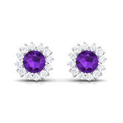 Natural Amethyst Classic Halo Stud Earring with Diamond