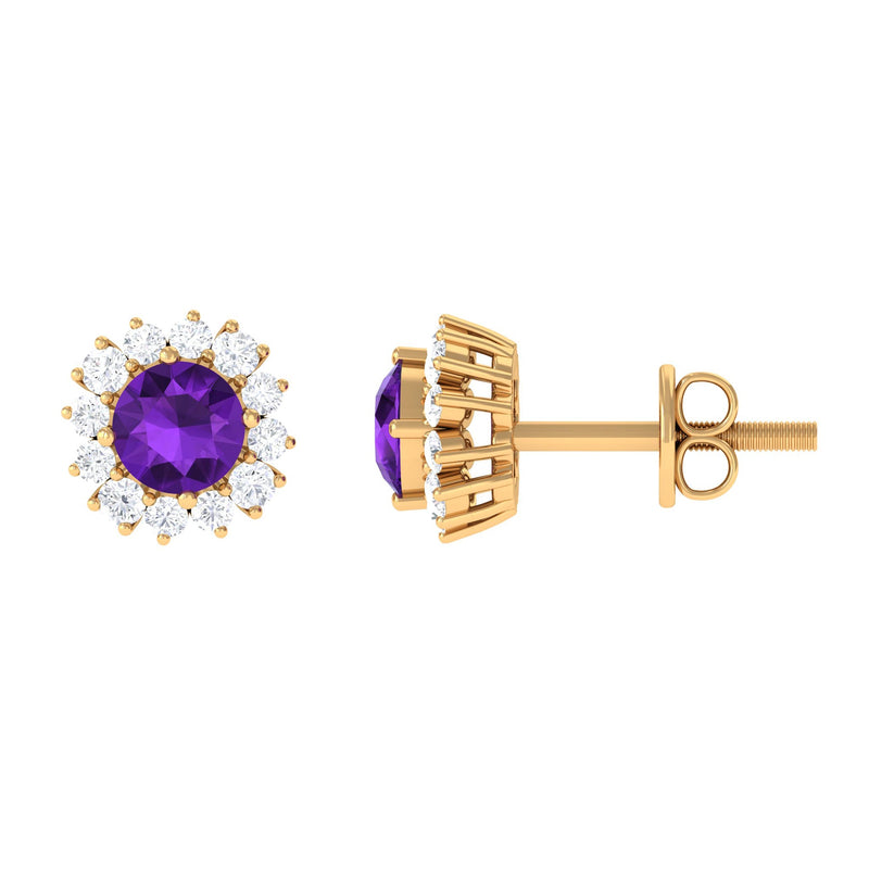 Natural Amethyst Classic Halo Stud Earring with Diamond