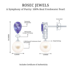 Genuine Freshwater Pearl Drop Earrings with Tanzanite