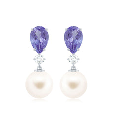 Genuine Freshwater Pearl Drop Earrings with Tanzanite