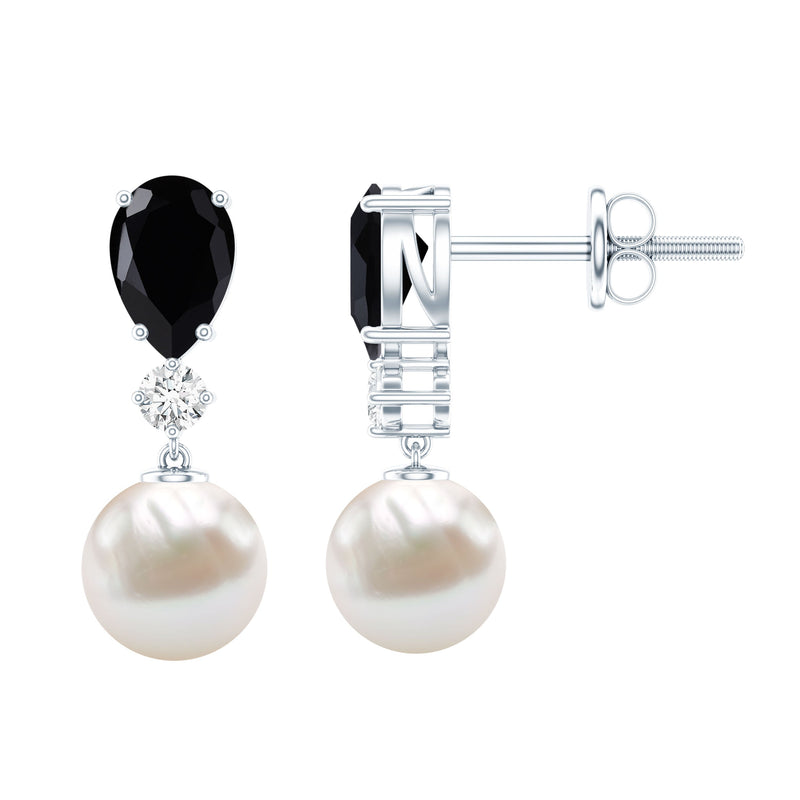 Natural Elegant Pearl Dangle Earrings with Black Onyx