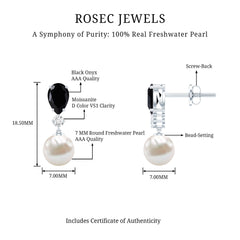 5.75 CT Freshwater Pearl Drop Earrings with Black Onyx and Moissanite