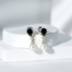5.75 CT Freshwater Pearl Drop Earrings with Black Onyx and Moissanite