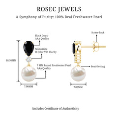 5.75 CT Freshwater Pearl Drop Earrings with Black Onyx and Moissanite