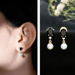 5.75 CT Freshwater Pearl Drop Earrings with Black Onyx and Moissanite