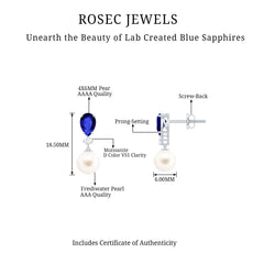 Natural Freshwater Pearl Drop Dangle Earrings with Blue Sapphire