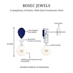 Cultured Freshwater Pearl Drop Earrings with Blue Sapphire