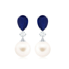 Cultured Freshwater Pearl Drop Earrings with Blue Sapphire