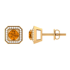 Vintage Inspired 1 Carat Citrine and Diamond Halo Stud Earrings