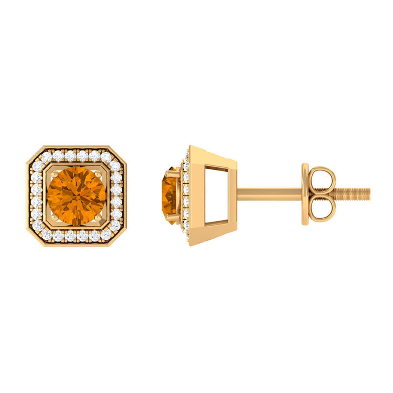 Vintage Inspired 1 Carat Citrine and Diamond Halo Stud Earrings
