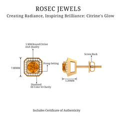 Vintage Inspired 1 Carat Citrine and Diamond Halo Stud Earrings