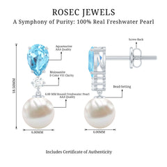 Certified Pearl Wedding Drop Earrings with Aquamarine