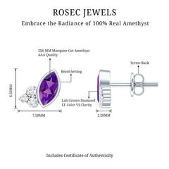 Marquise Cut Amethyst Stud Earrings with Lab Diamond in Sterling Silver