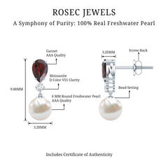 Genuine Freshwater Pearl Drop Earrings with Garnet