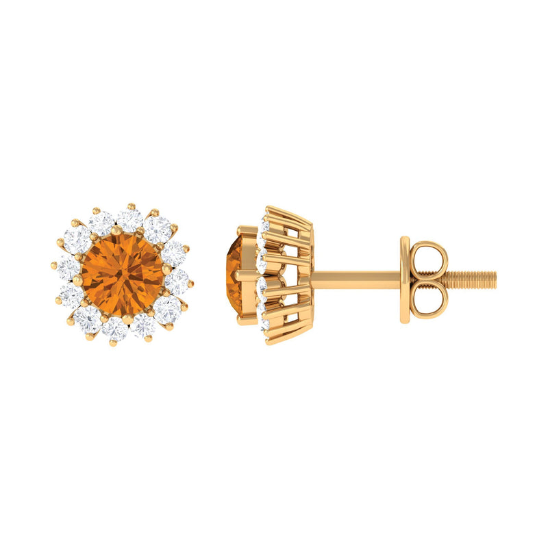 1 CT Classic Yellow Citrine and Diamond Halo Stud Earrings