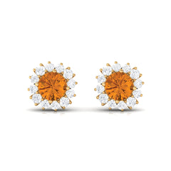 1 CT Classic Yellow Citrine and Diamond Halo Stud Earrings