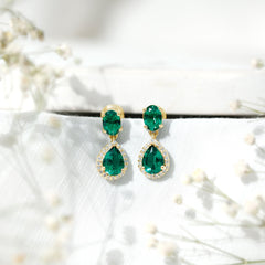 Lab Created Emerald and Diamond Bridal Drop Earrings with Certificate