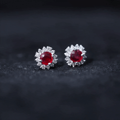 Genuine Ruby Stud Earrings with Diamond Halo