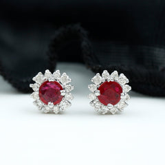 Genuine Ruby Stud Earrings with Diamond Halo