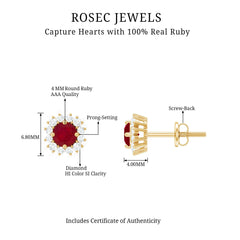 Genuine Ruby Stud Earrings with Diamond Halo