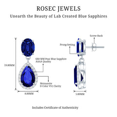 Lab Grown Blue Sapphire Bridal Dangle Earrings with Moissanite