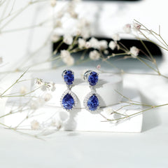 Lab Grown Blue Sapphire Bridal Dangle Earrings with Moissanite