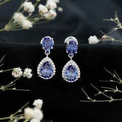 Lab Grown Blue Sapphire Bridal Dangle Earrings with Moissanite