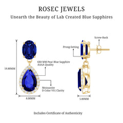 Lab Grown Blue Sapphire Bridal Dangle Earrings with Moissanite
