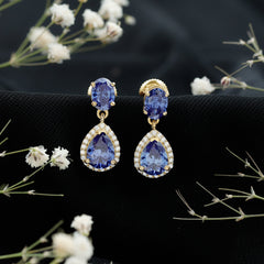 Lab Grown Blue Sapphire Bridal Dangle Earrings with Moissanite
