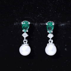 Sterling Silver 4.5 Carat Pearl Drop Earrings with Lab Grown Emerald