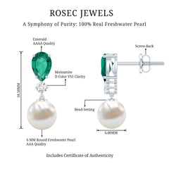 Freshwater Pearl Drop Dangle Earrings With Created Emerald