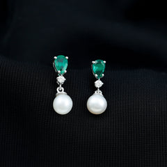 Sterling Silver 4.5 Carat Pearl Drop Earrings with Lab Grown Emerald