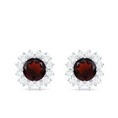Genuine Garnet and Diamond Halo Stud Earrings