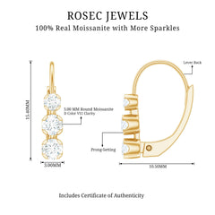 Round Moissanite Three Stone Hoop Earrings with Lever Back