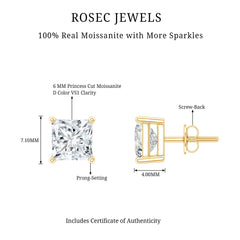 6MM Solitaire Princess Cut Moissanite Stud Earrings