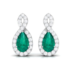Natural Pear Shaped Emerald Diamond Infinity Stud Earrings