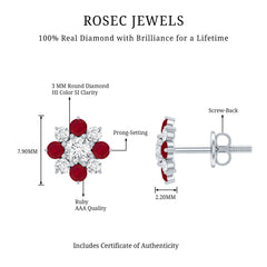 Real Diamond and Ruby Floral Stud Earrings