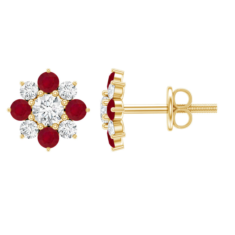 Real Diamond and Ruby Floral Stud Earrings