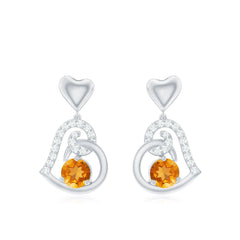 Round Citrine and Moissanite Accent Heart Drop Earring