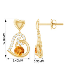 Round Citrine and Moissanite Accent Heart Drop Earring