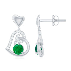 1 Carat Round Emerald and Diamond Heart Drop Earrings
