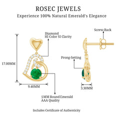 1 Carat Round Emerald and Diamond Heart Drop Earrings
