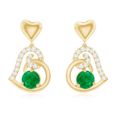 1 Carat Round Emerald and Diamond Heart Drop Earrings