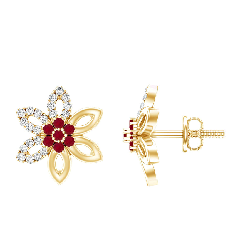 Natural Ruby Floral Stud Earrings with Diamond Stones